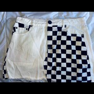 Black and white checkerboard denim mini skirt